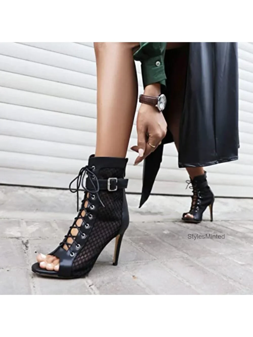 Women's Heeled Mesh Sandals Open Toe Lace Up Ankle Strap PU